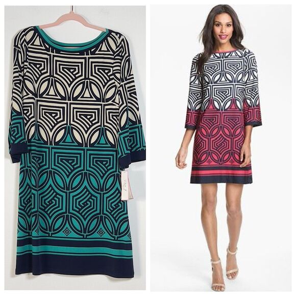 Eliza J Shift Mini Dress Womens Sz 14 Multicolor Geo Print 3/4 Sleeves Boat Neck - Picture 1 of 12